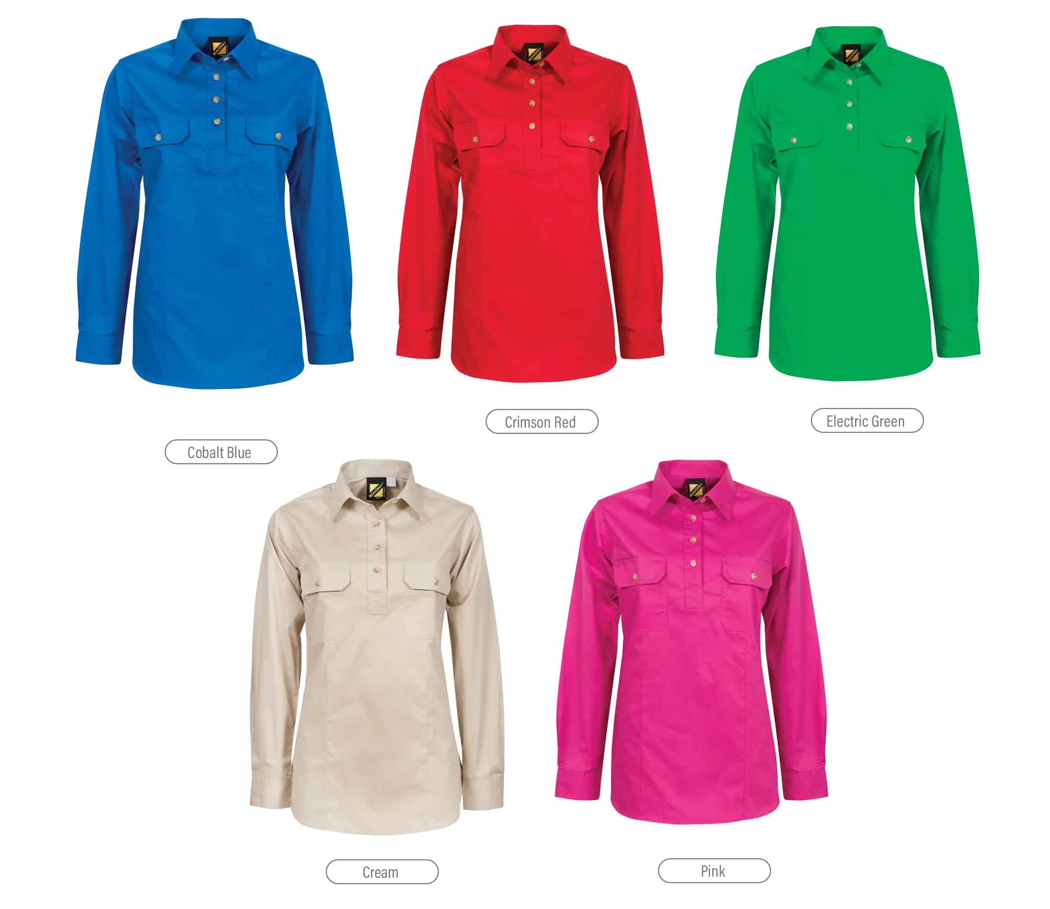LADIES LIGHTWEIGHT LONG SLEEVE HALF PLACKET COTTON DRILL SHIRT WITH CONTRAST BUTTONS